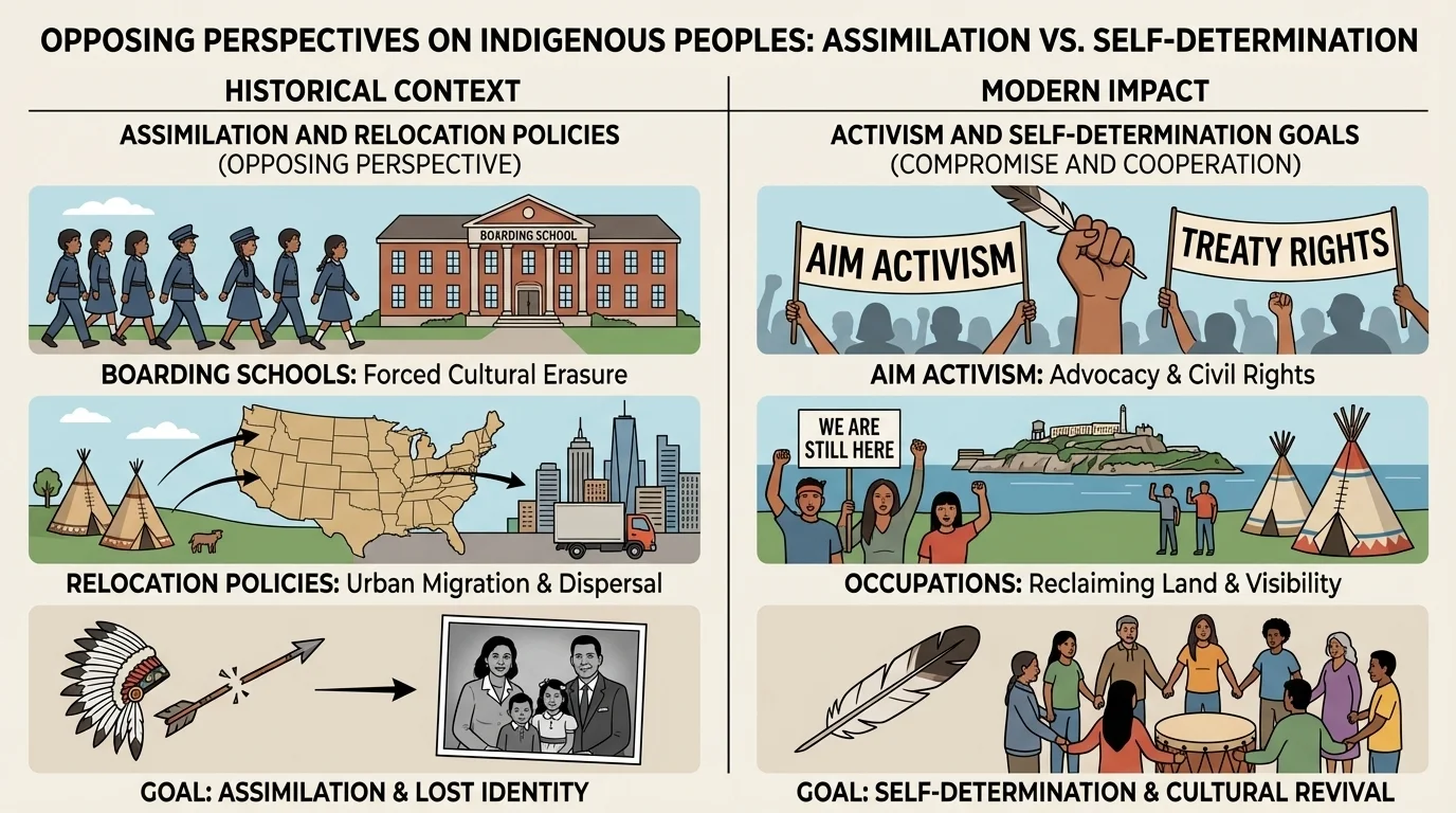 Comparison chart of boarding schools and relocation policies versus AIM activism, occupations, and self-determination goals