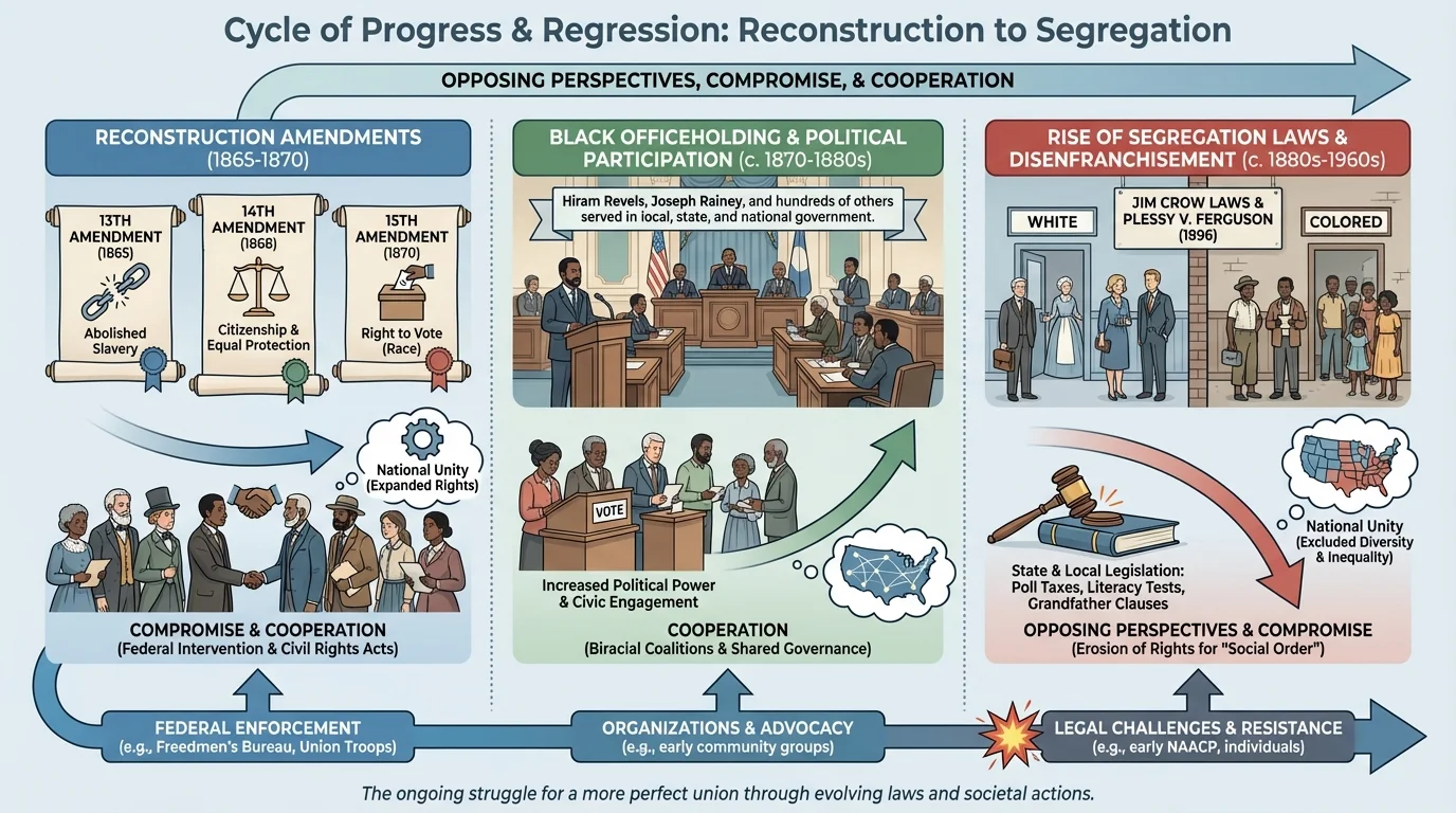 Timeline showing Reconstruction amendments, Black officeholding, and later rise of segregation laws