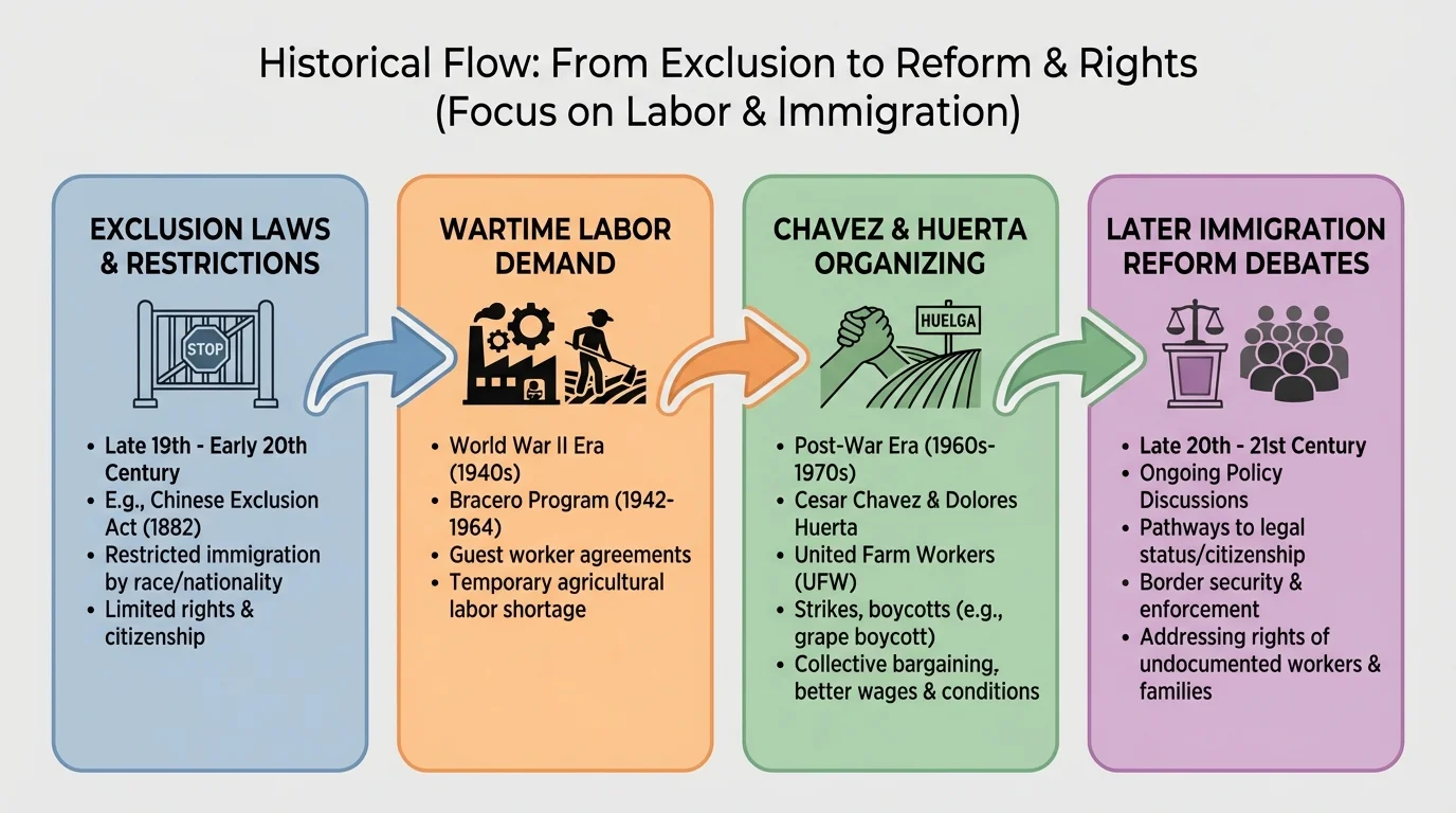Flowchart linking exclusion laws, wartime labor demand, Chavez and Huerta organizing, and later immigration reform debates