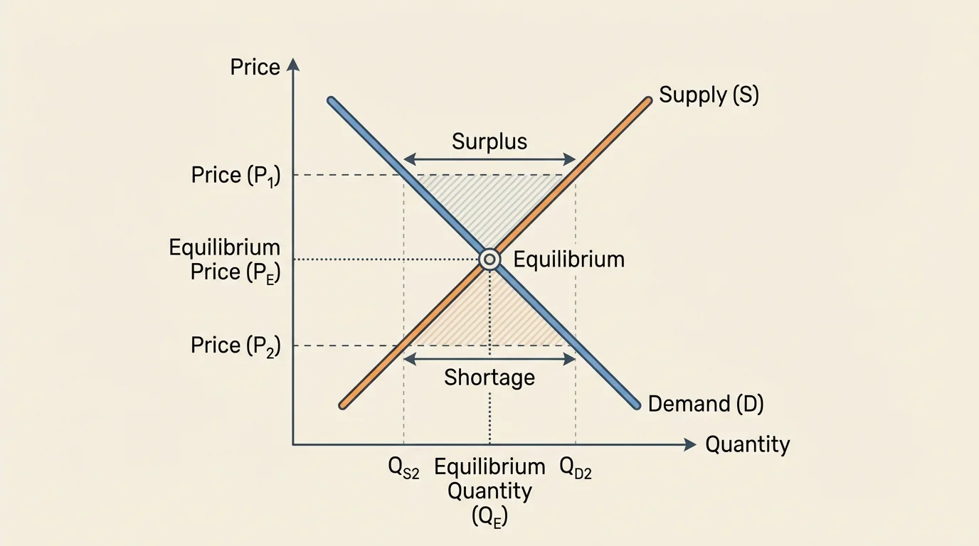Supply and demand graph with downward demand curve and upward supply curve intersecting at equilibrium, with price above equilibrium labeled surplus and price below equilibrium labeled shortage