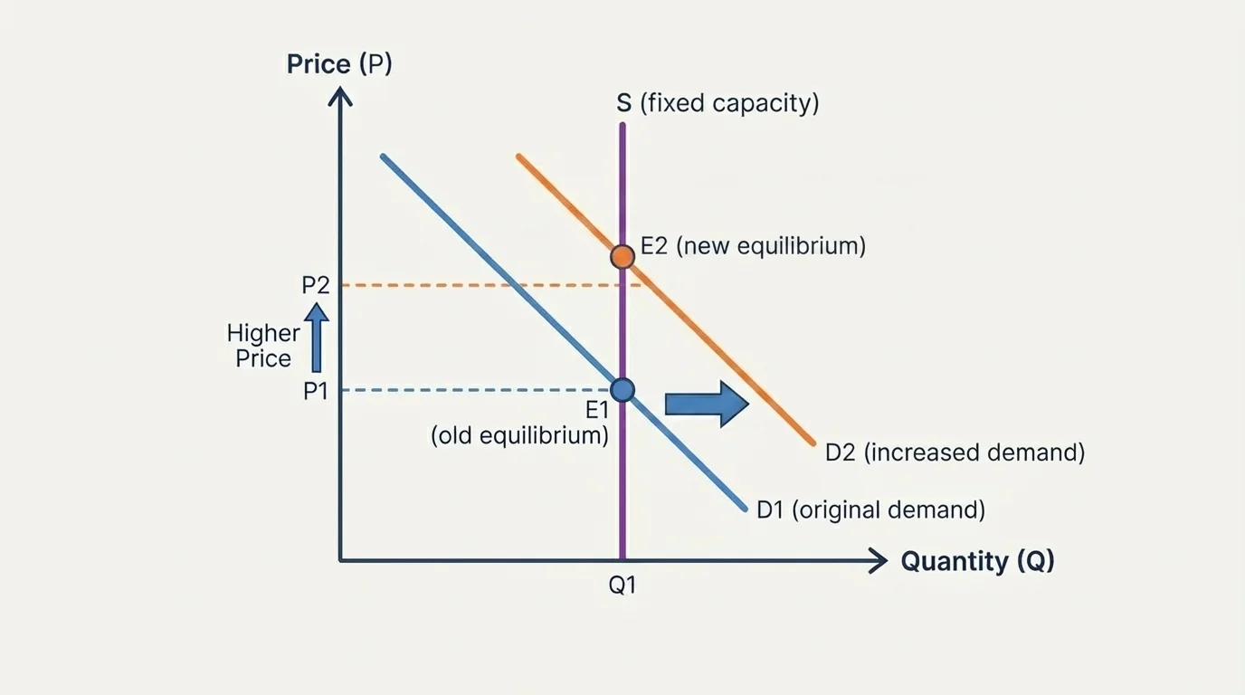 Demand shift graph for concert tickets with supply fixed, demand curve shifting right, old and new equilibrium points, higher equilibrium price and quantity