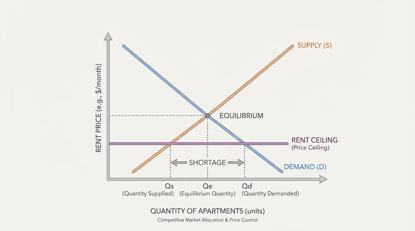 Apartment rental market graph with rent ceiling below equilibrium, quantity demanded greater than quantity supplied, shortage bracket between the two quantities
