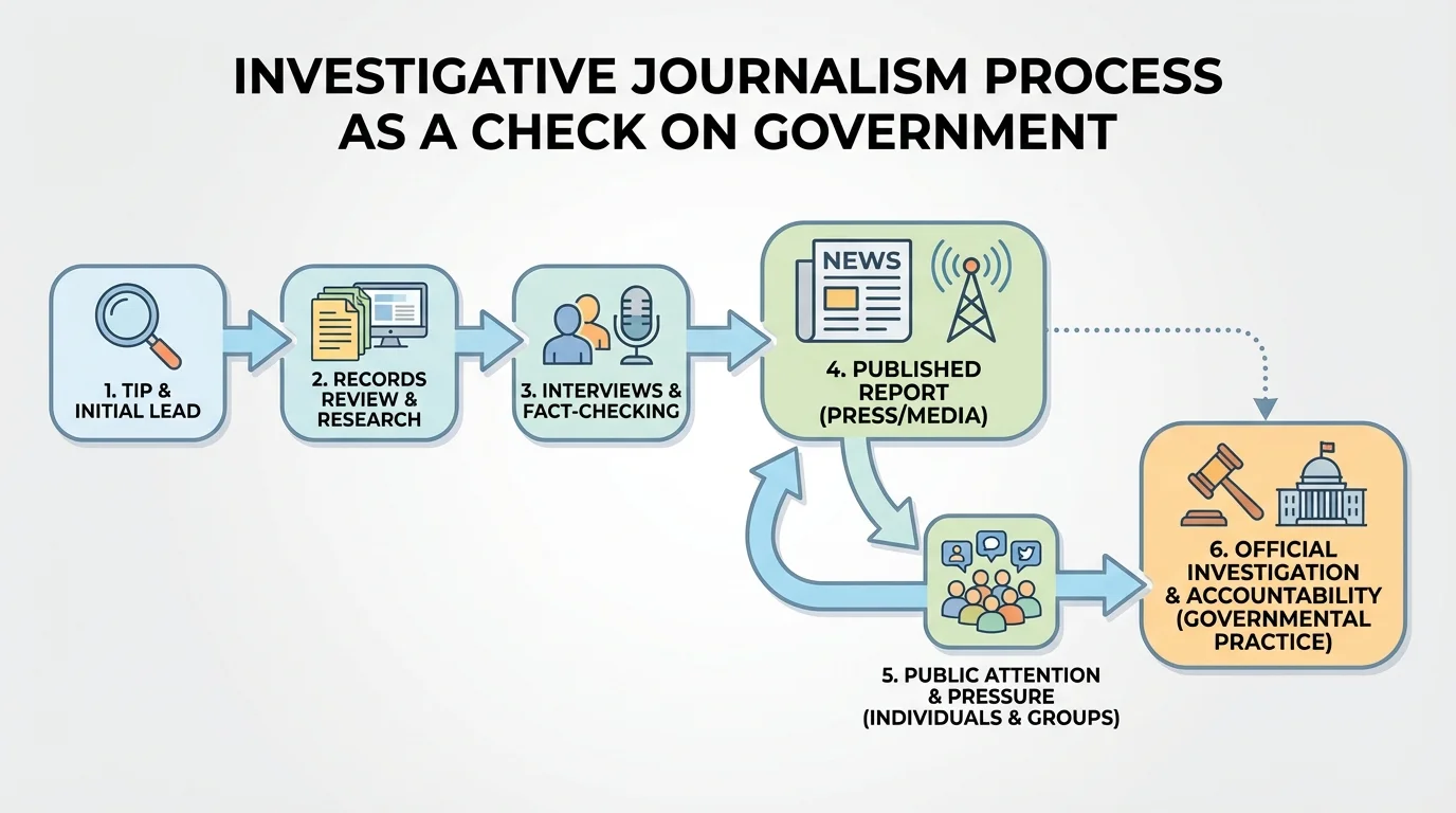 Flowchart showing investigative journalism process from tip and records review to published report, public attention, and official investigation