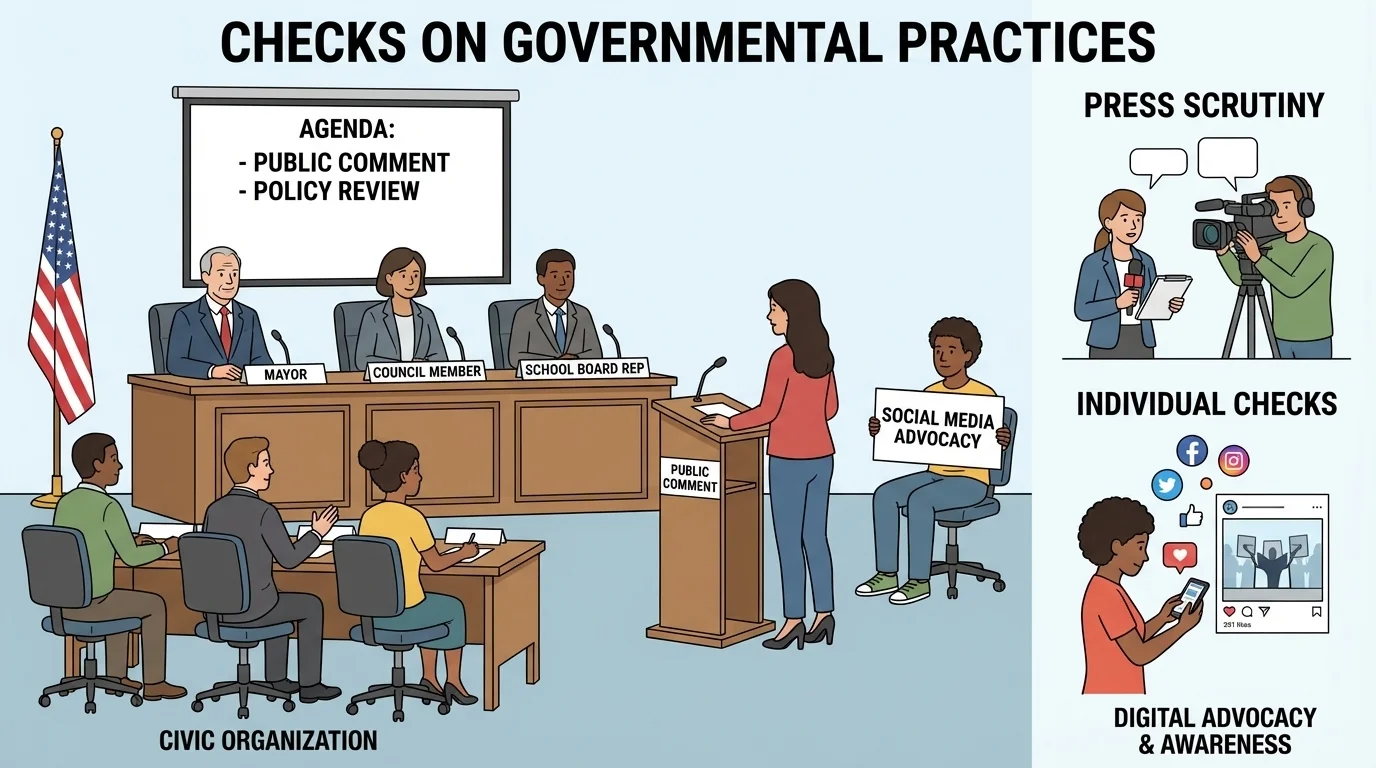 Illustration of a school board or city council meeting with officials at a dais, agenda screen, and citizens speaking during public comment