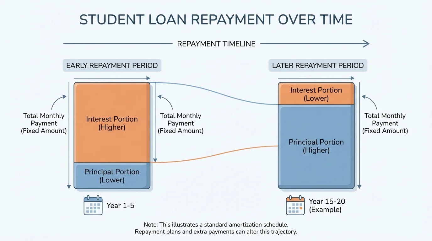 chart showing early student loan payments with a larger interest portion and smaller principal portion, later payments with a larger principal portion on a repayment timeline