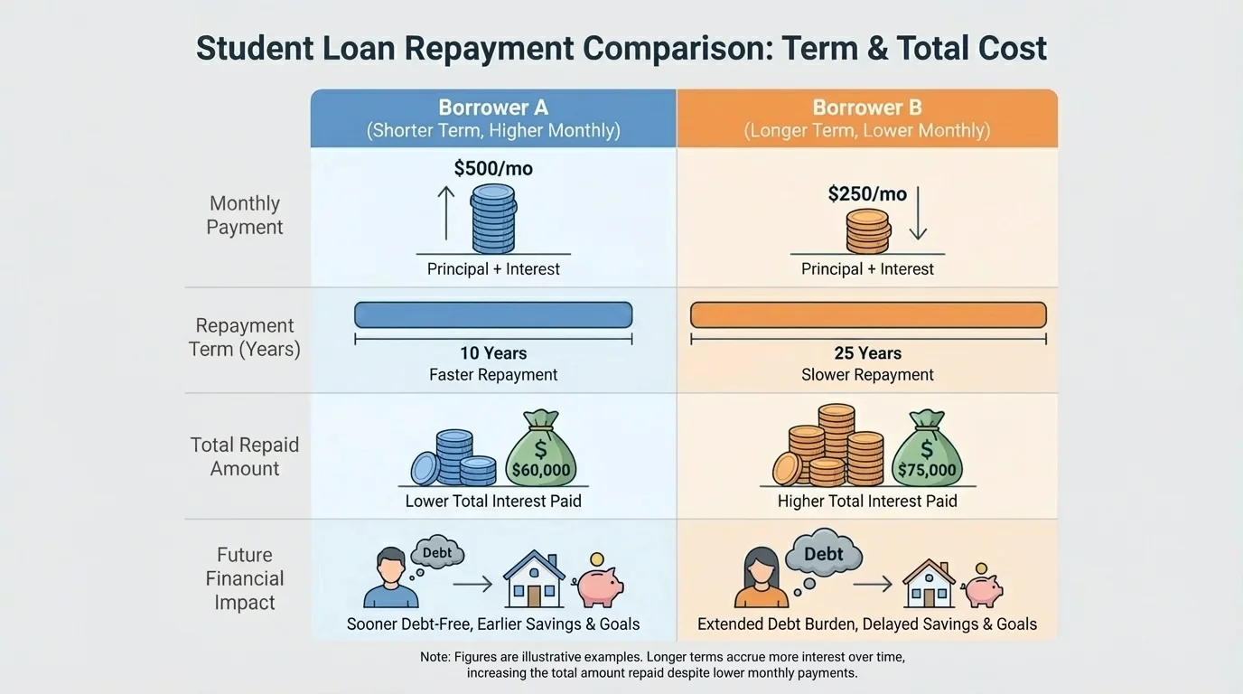chart comparing two borrowers, one with higher monthly payments over a shorter term and one with lower monthly payments over a longer term, including total repaid amounts