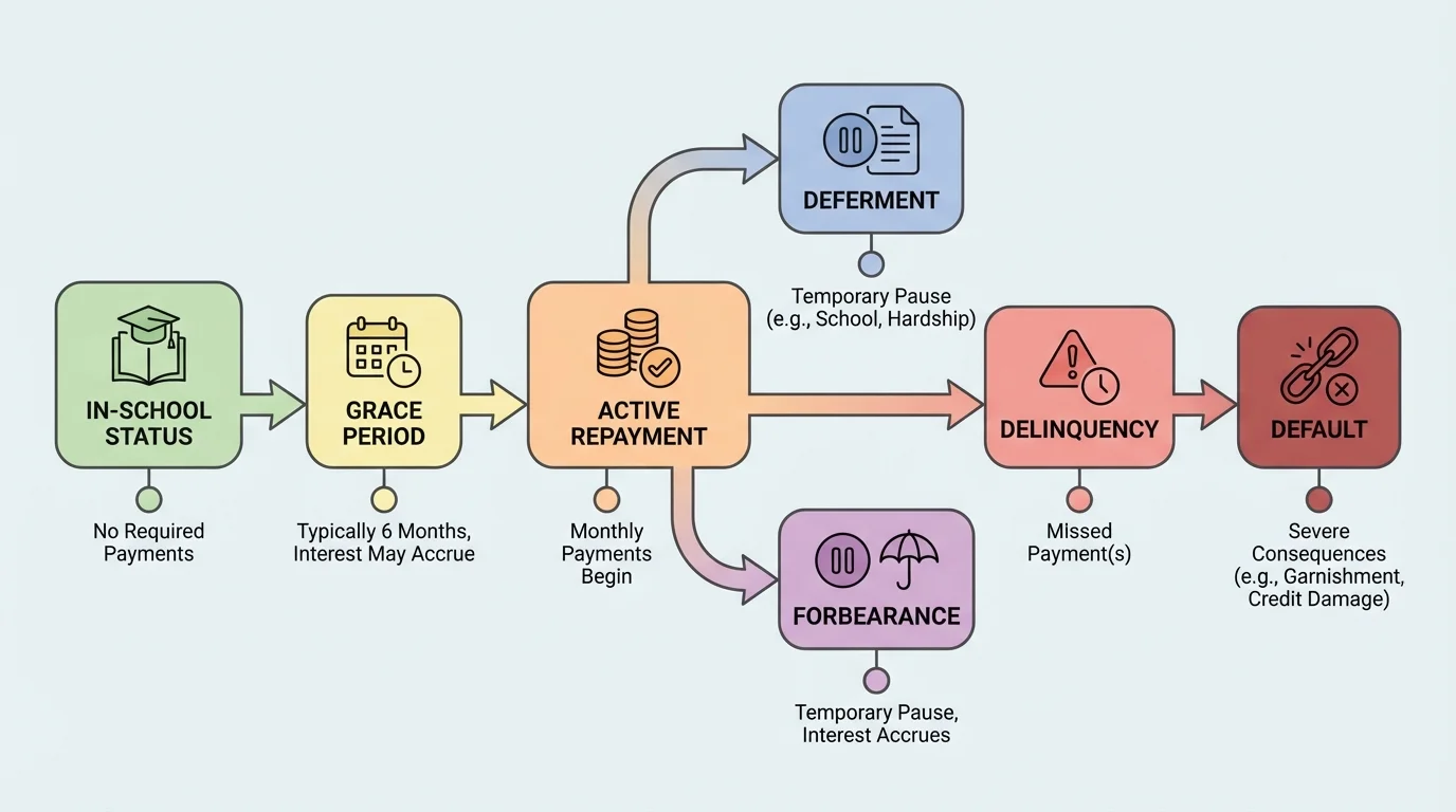 timeline of student loan stages from in-school status to grace period, active repayment, deferment, forbearance, delinquency, and default with simple checkpoints