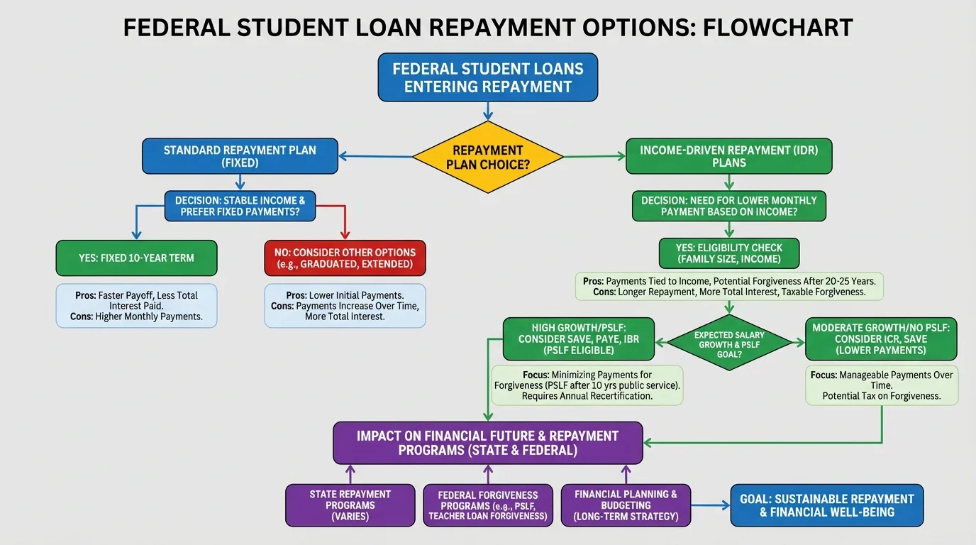flowchart comparing repayment plan choices for federal student loans with decision boxes for stable income, need for lower monthly payment, expected salary growth, and eligibility for income-driven plans