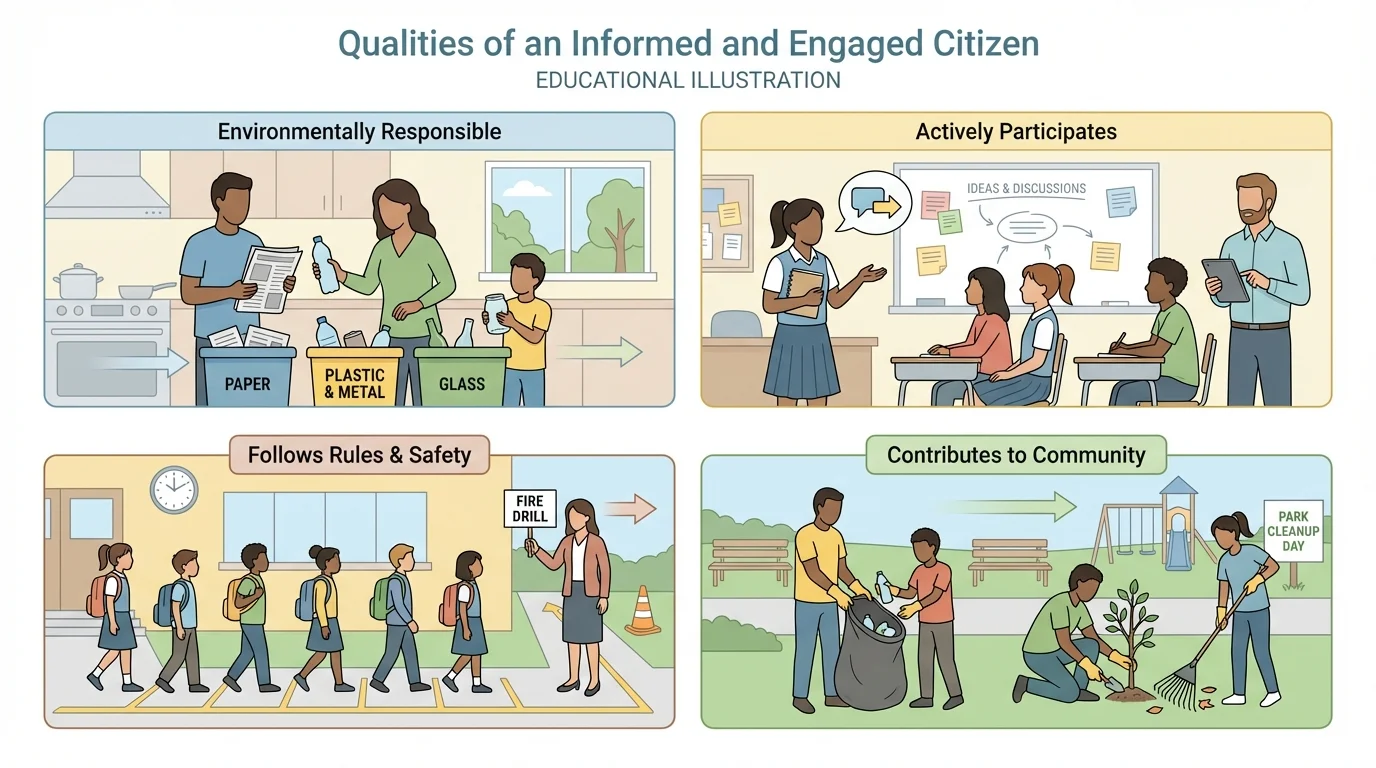 Four-panel scene showing family recycling, class sharing, school lining up safely, neighborhood park cleanup