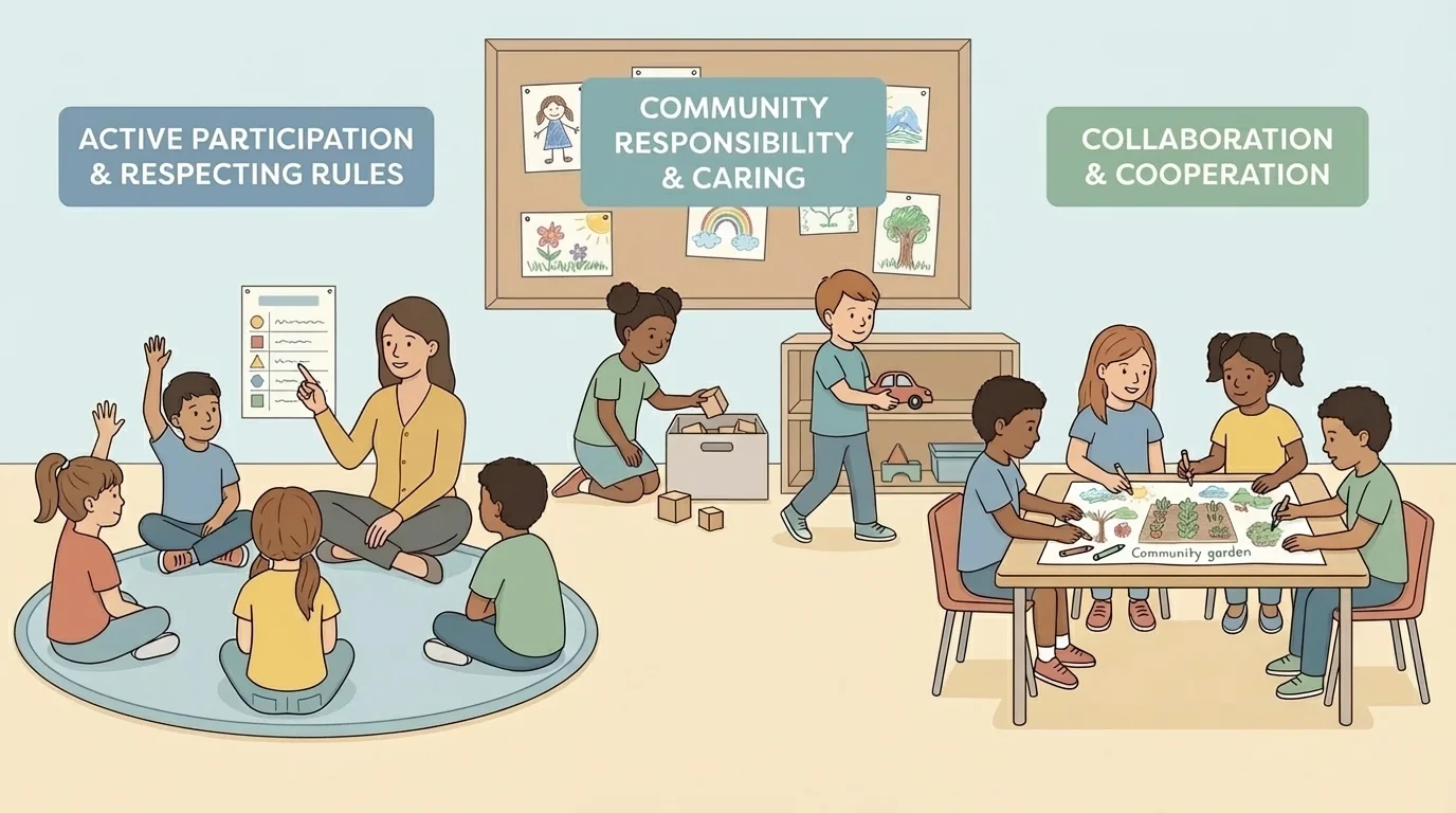 Kindergarten class children raising hands, picking up toys, and working together at a table