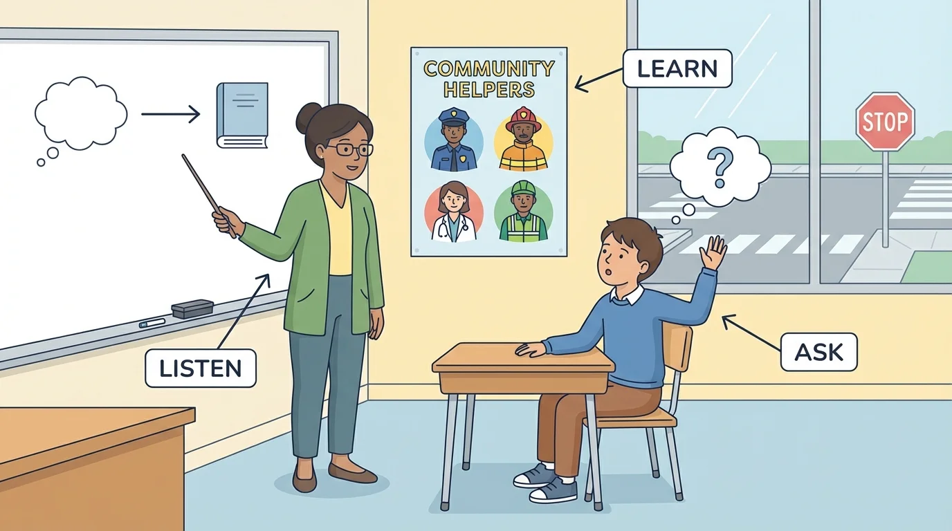 Child in classroom listening to teacher, looking at community helpers poster and stop sign, with simple labels like listen, learn, ask