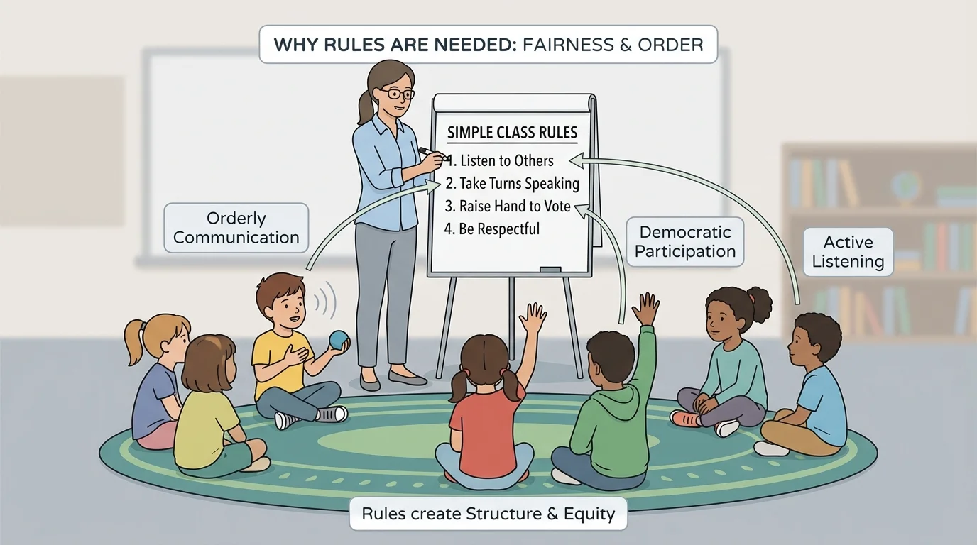 young children sitting in a circle, taking turns speaking, raising hands to vote, while a teacher writes simple class rules on a chart