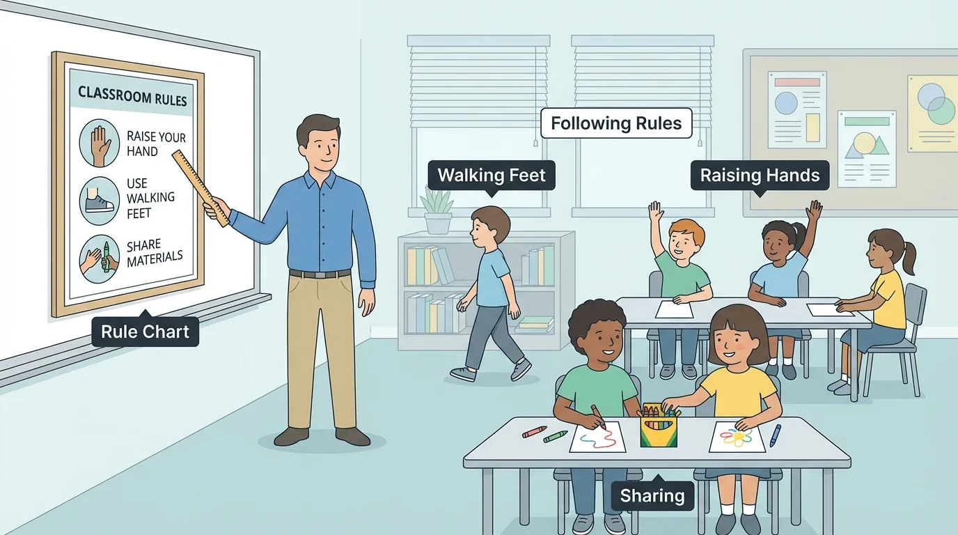 children in a classroom raising hands, using walking feet, and sharing crayons while a teacher points to a simple rule chart