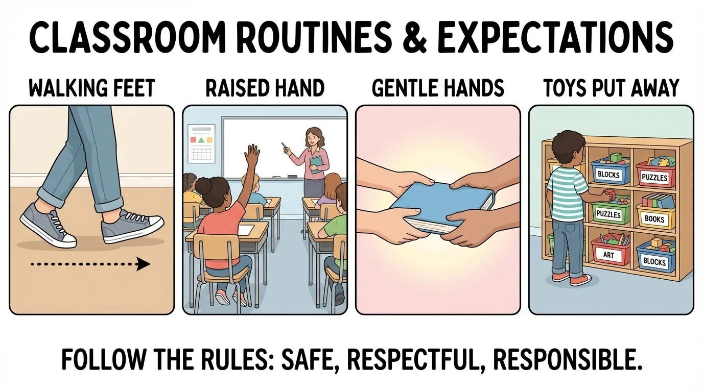 side-by-side classroom scene with walking feet, raised hand, gentle hands, and toys put away