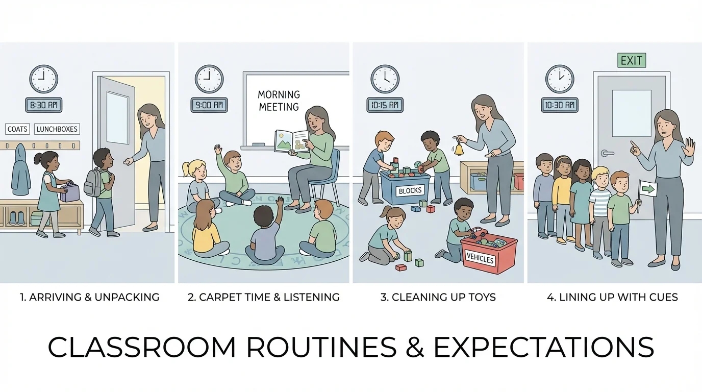 children arriving, sitting on carpet, cleaning up toys, and lining up with teacher cues