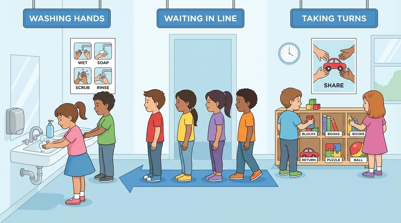 children washing hands, waiting in line, and taking turns with one sink and one toy shelf