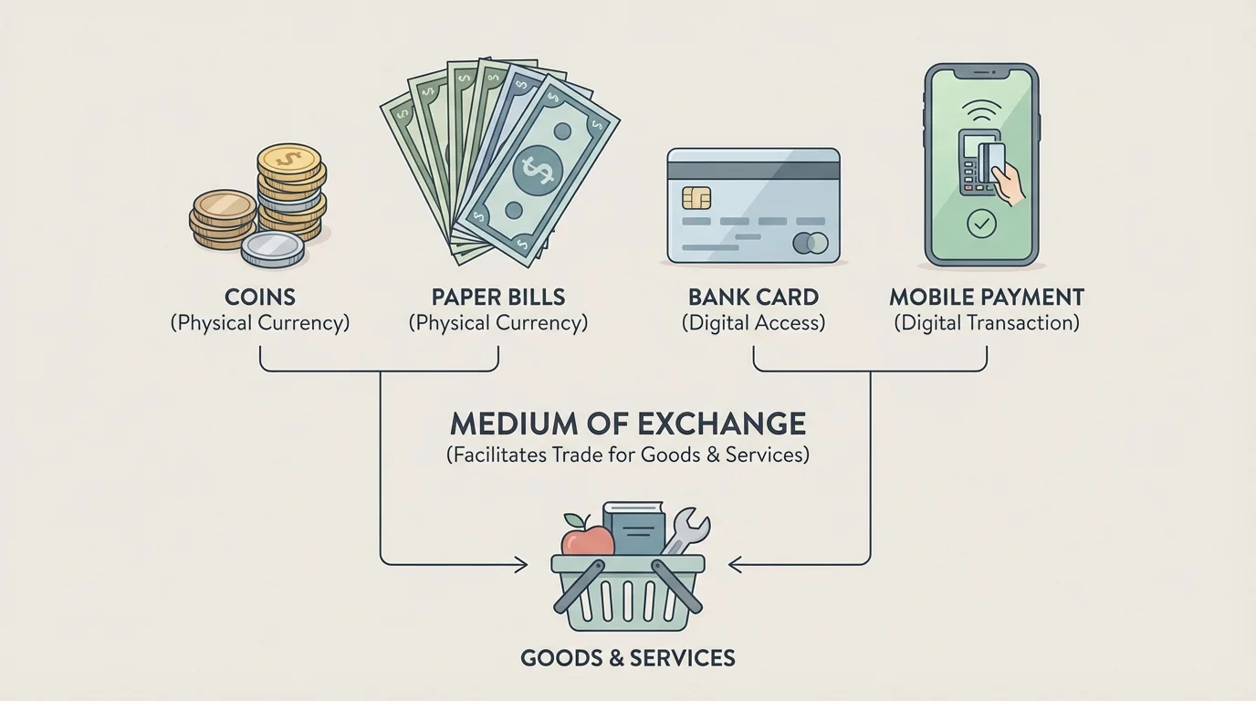 Simple labeled display of coins, paper bills, a bank card, and a phone with a tap-to-pay screen