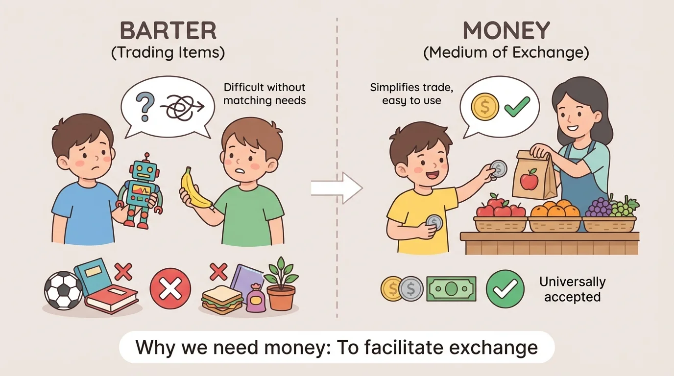 Split scene showing two children trying to trade mismatched items like a toy and a banana on one side, and a child using coins to buy fruit from a shop on the other side