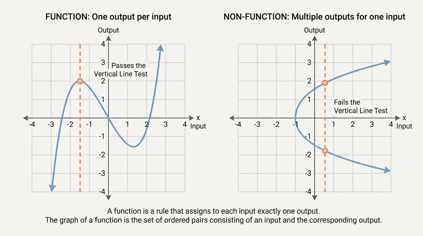 Two coordinate graphs side by side, one graph of a function and one graph of a non-function, with vertical lines intersecting once on the function and more than once on the non-function