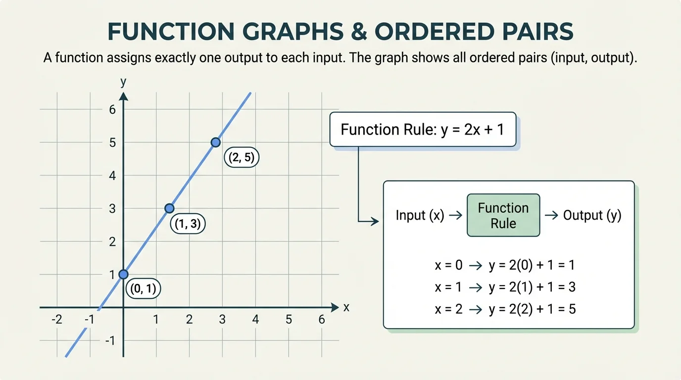Coordinate plane with several plotted points from a function such as y = 2x + 1, with points labeled by ordered pairs like (0,1), (1,3), (2,5), and a straight-line pattern through them
