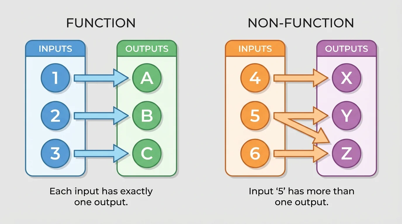 Mapping diagrams side by side comparing a function and a non-function, with inputs in one column, outputs in another, arrows showing each input going to exactly one output in the function and one input pointing to two outputs in the non-function