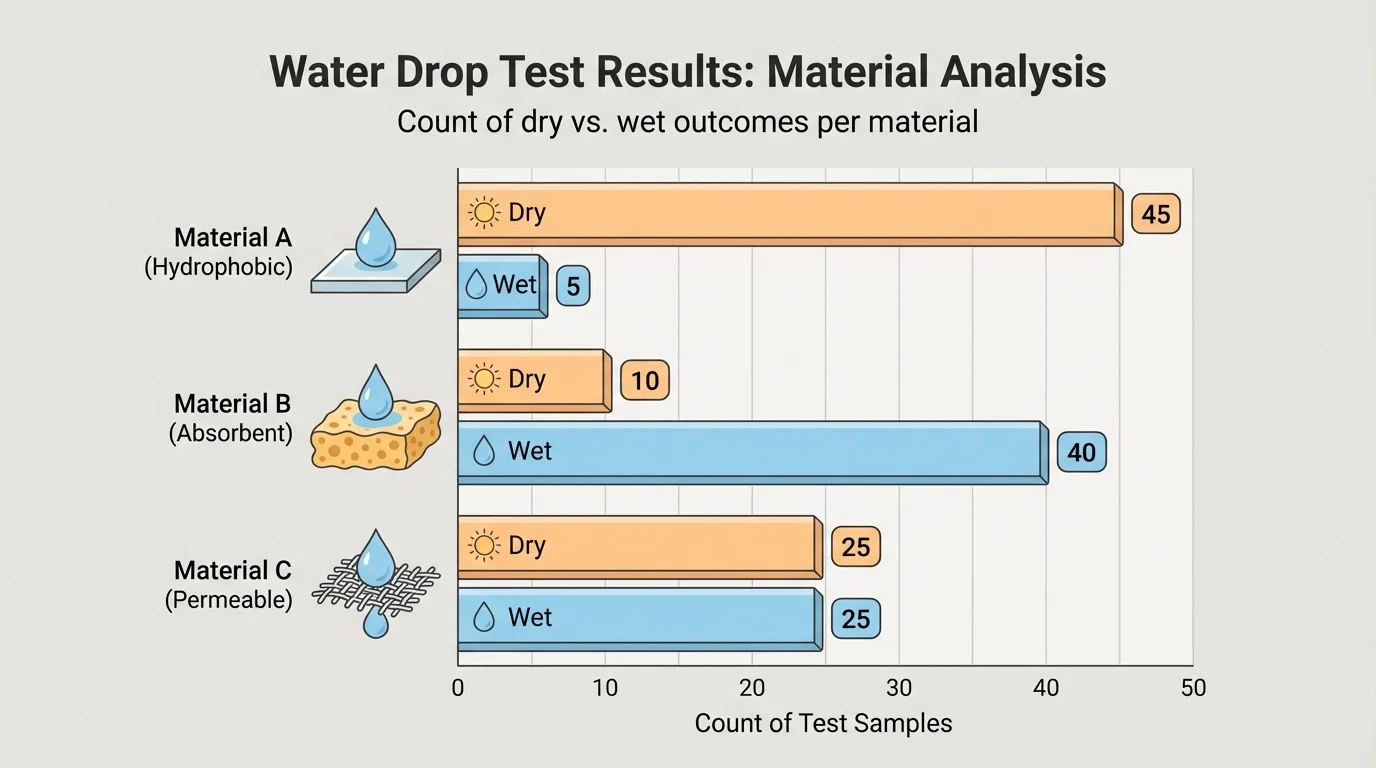 chart showing three materials tested with water drops, with dry and wet result counts for each material