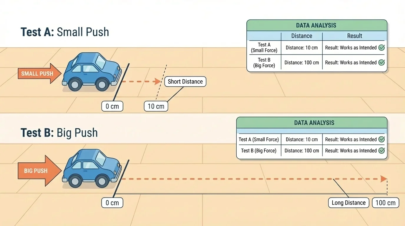 toy car on a floor being tested with a small push and a big push, showing short and long travel distances