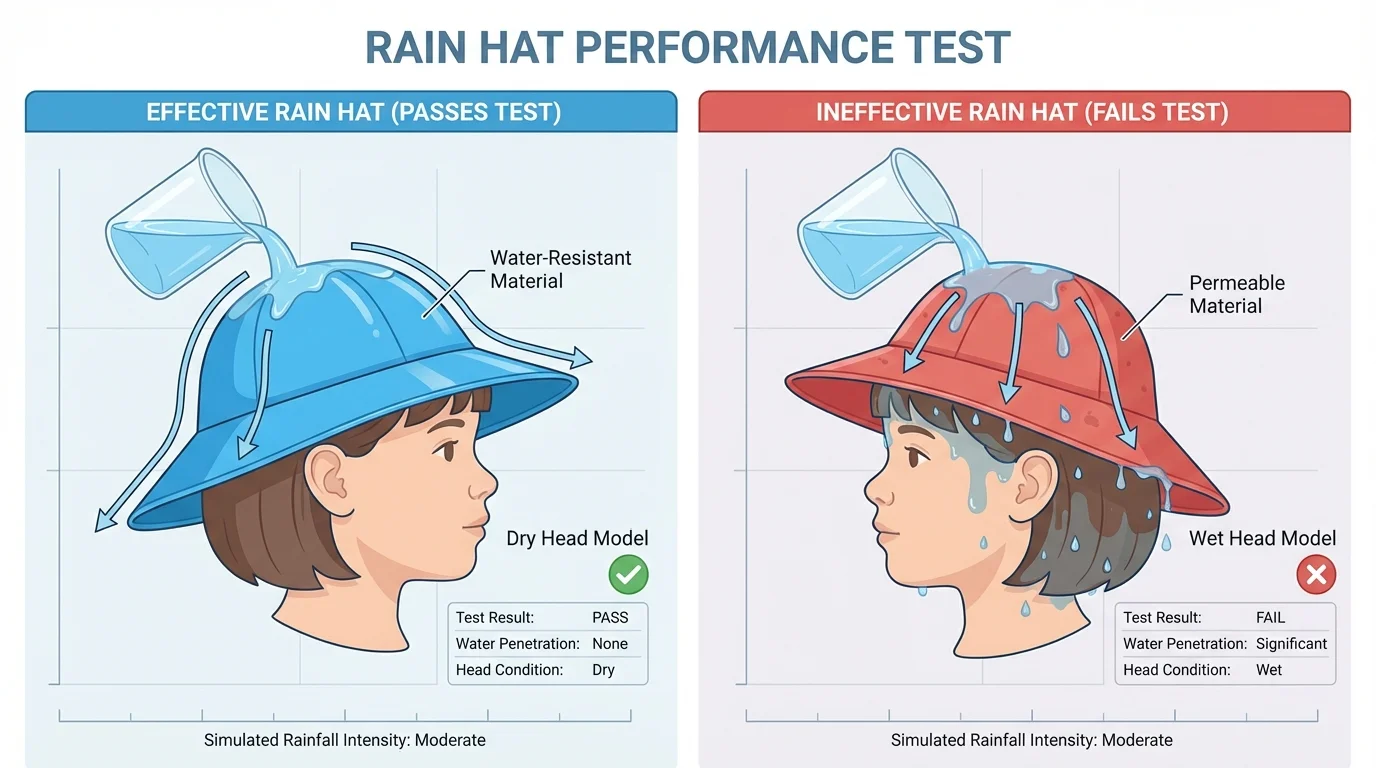 two rain hats being tested with water, one keeps a child's head dry and one leaks water through