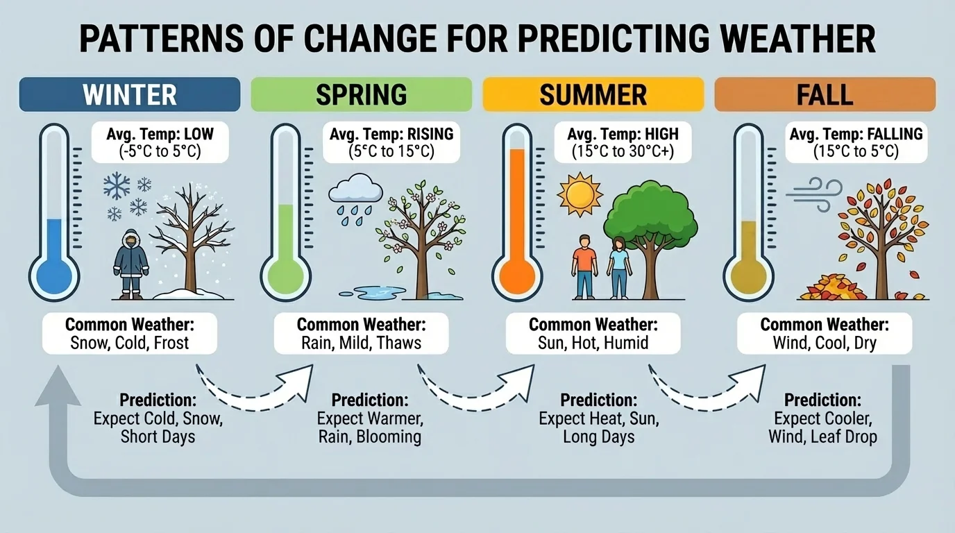 chart showing average temperature and common weather for winter, spring, summer, and fall