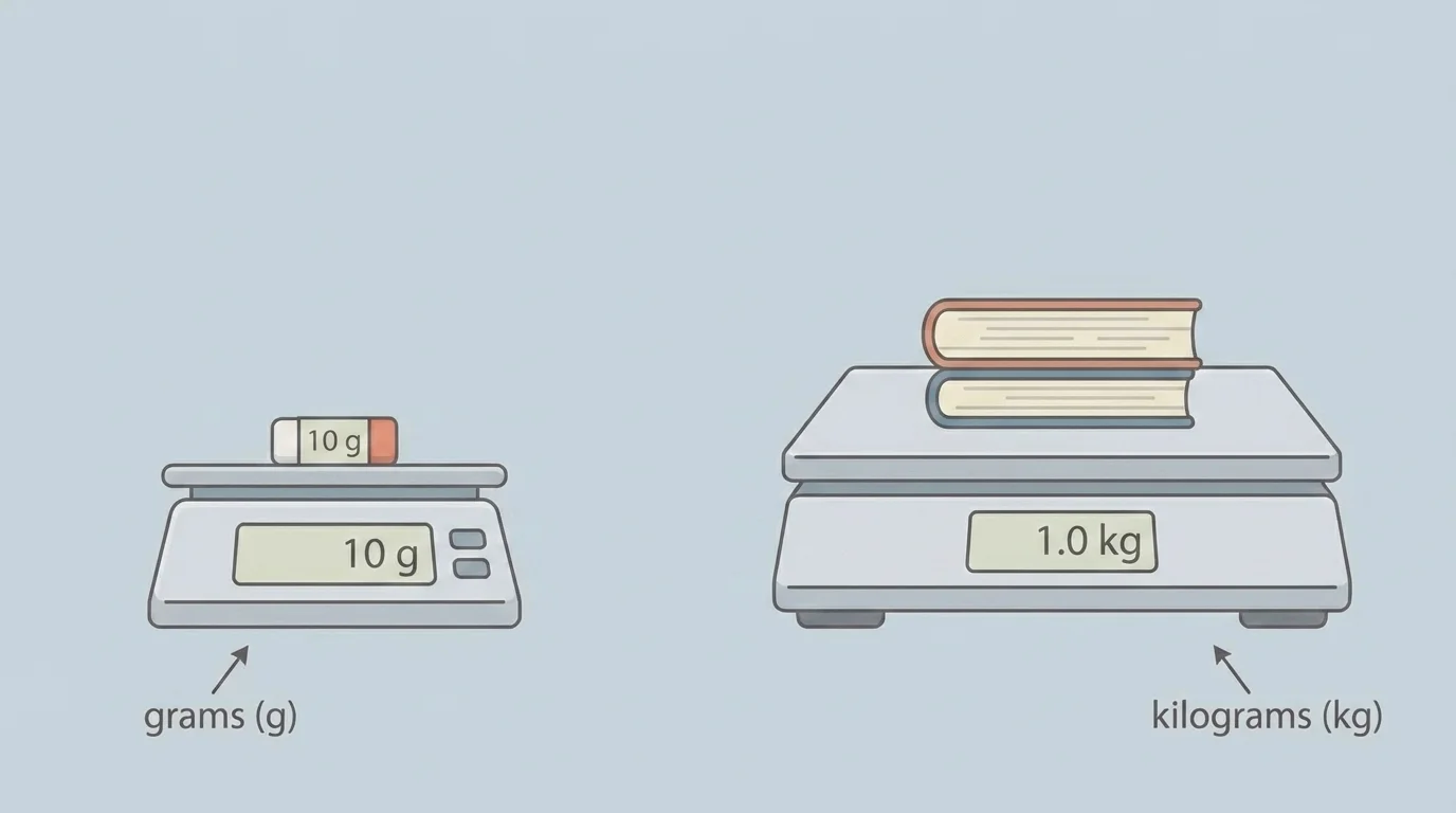 Two classroom objects on a scale, one small object labeled in grams and one larger object labeled in kilograms, with clear measuring marks on the scale