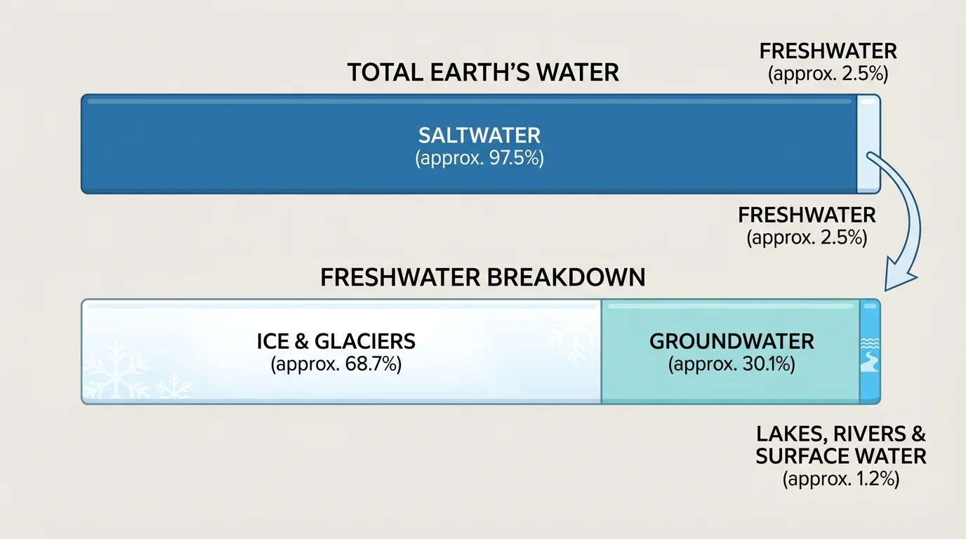 Simple chart showing most Earth water as saltwater and the smaller freshwater portion split into ice, groundwater, and lakes-rivers