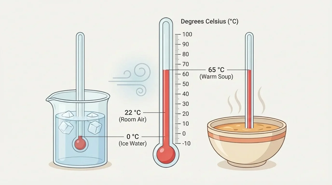 Vertical thermometer labeled in degrees Celsius beside ice water, room air, and warm soup, with simple temperature labels