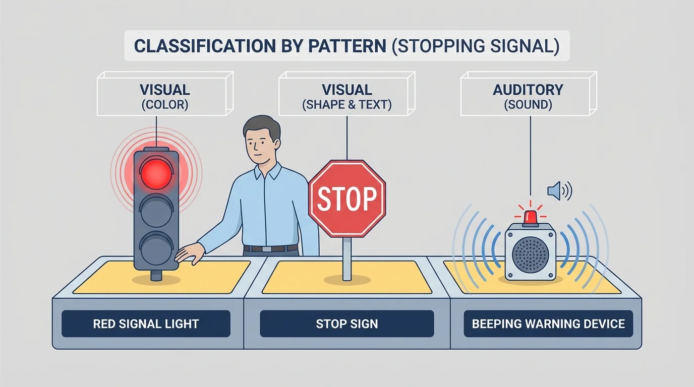 person sending the message stop using three designed products—a red signal light, a stop sign, and a beeping warning device with visible sound-wave pattern