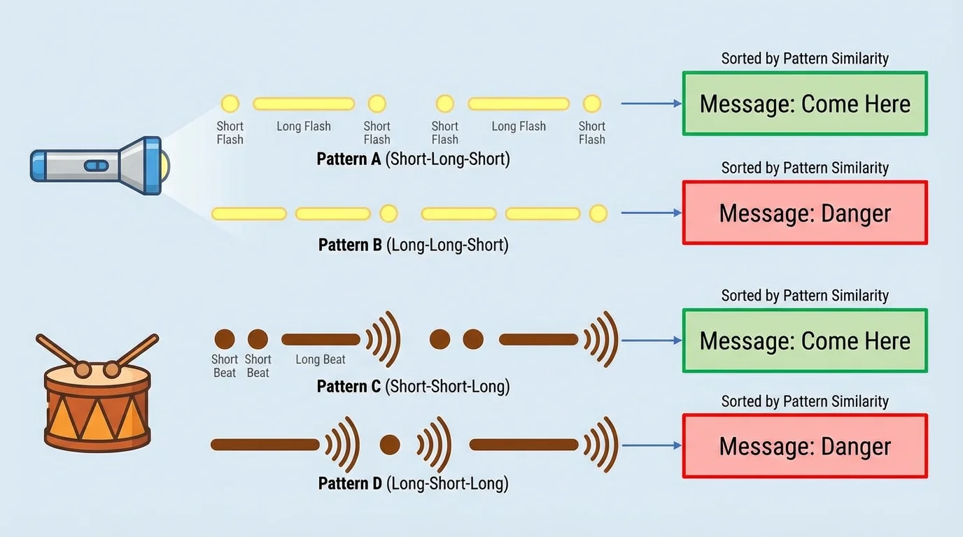 flashlight flashes and drum beats shown as short and long repeating signal patterns, with simple labels connecting different patterns to different messages