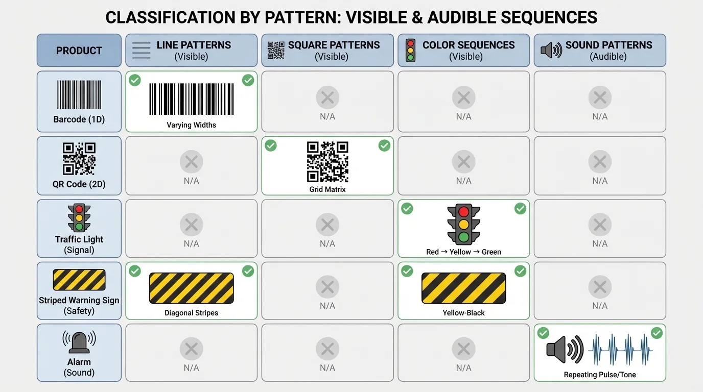 comparison chart grouping barcode, QR code, traffic light, striped warning sign, and alarm by visible line patterns, square patterns, color sequences, and sound patterns