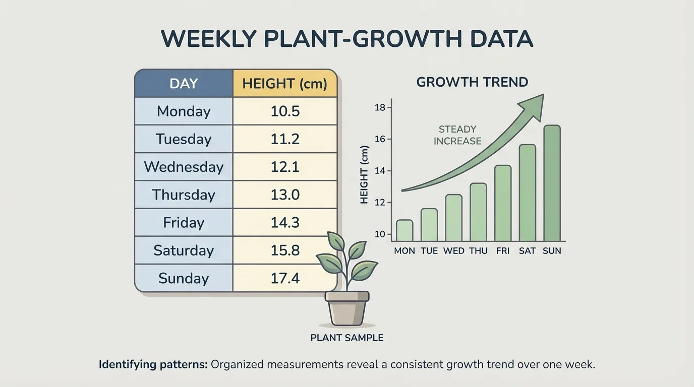 weekly plant-growth data table with days labeled Monday to Sunday and heights steadily increasing, showing organized measurements that reveal a trend