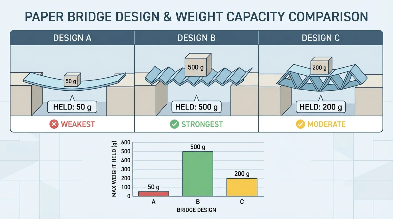 comparison chart of paper bridge designs A, B, and C with labeled weight-test results, highlighting that design B holds the most mass