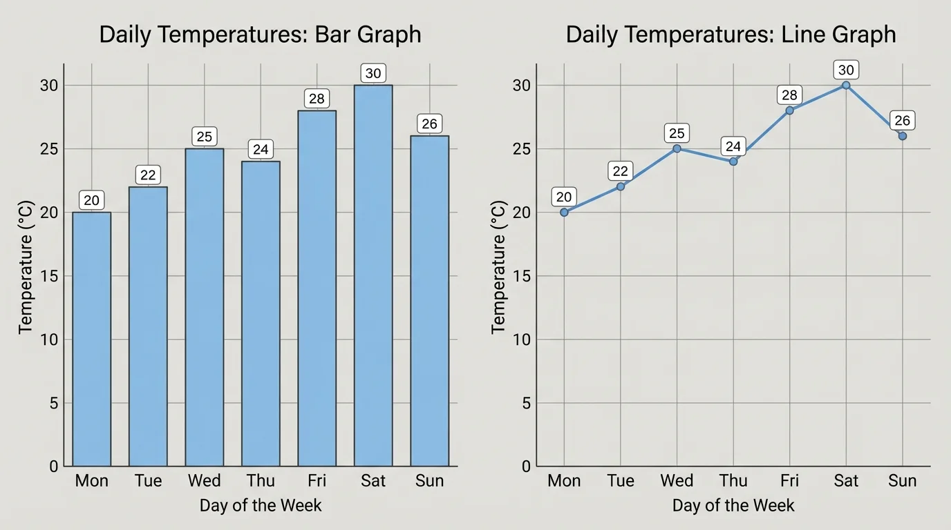 side-by-side bar graph and line graph of one week of daily temperatures with the same values, showing comparison of data displays