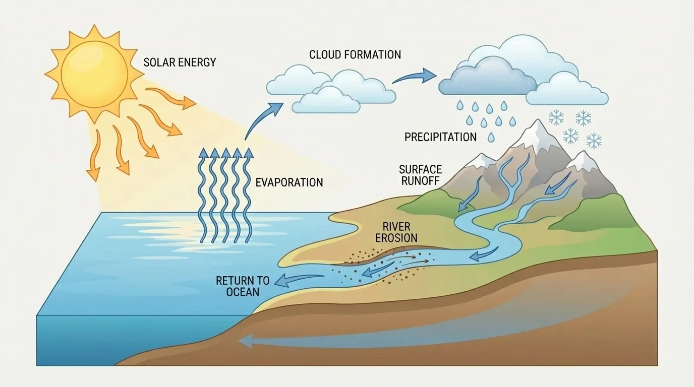 diagram of Sun heating ocean, evaporation, cloud formation, precipitation, runoff, and river erosion