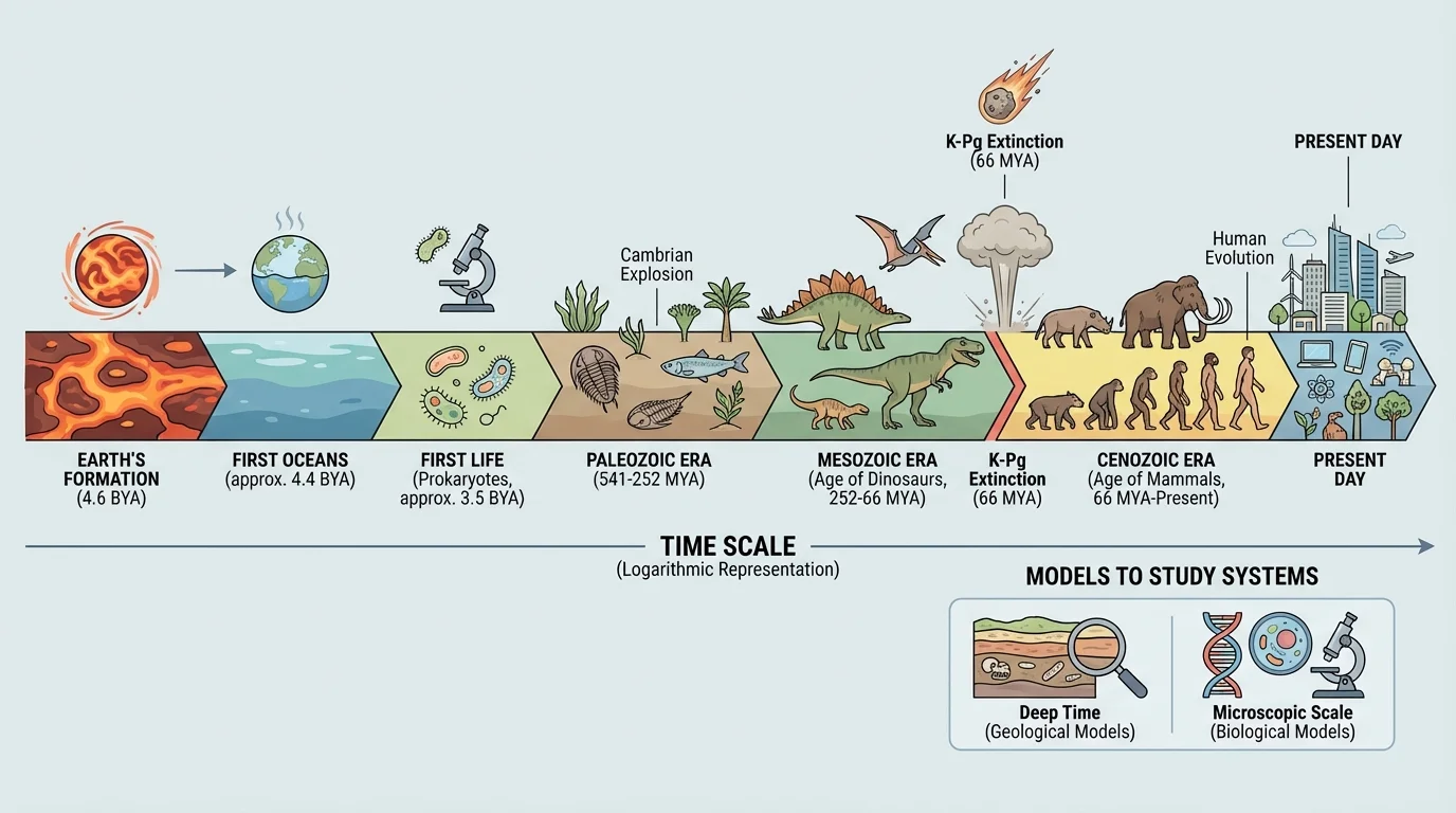 timeline from Earth's formation to present with major events such as first oceans, first life, dinosaurs, and humans