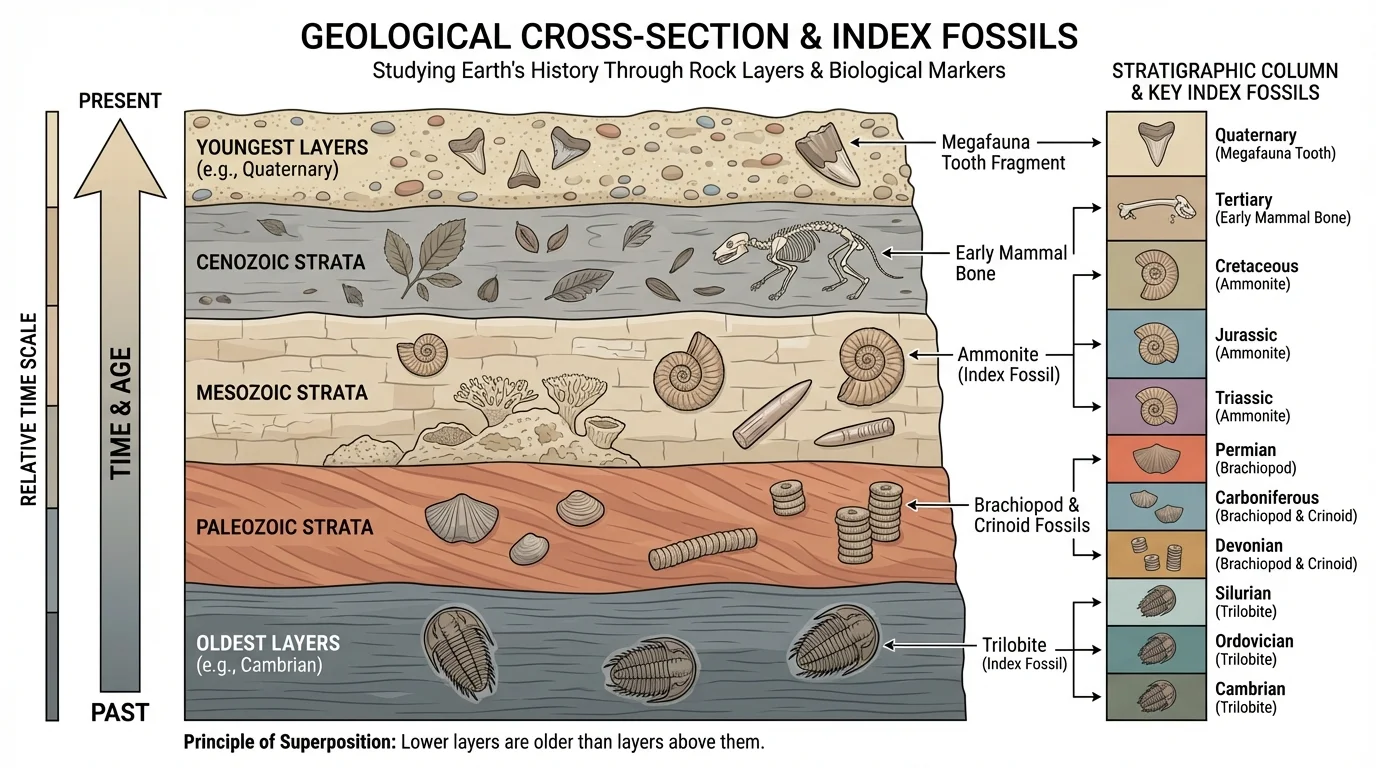 labeled cross-section of rock strata with oldest layers at bottom, youngest at top, and index fossils in matching layers