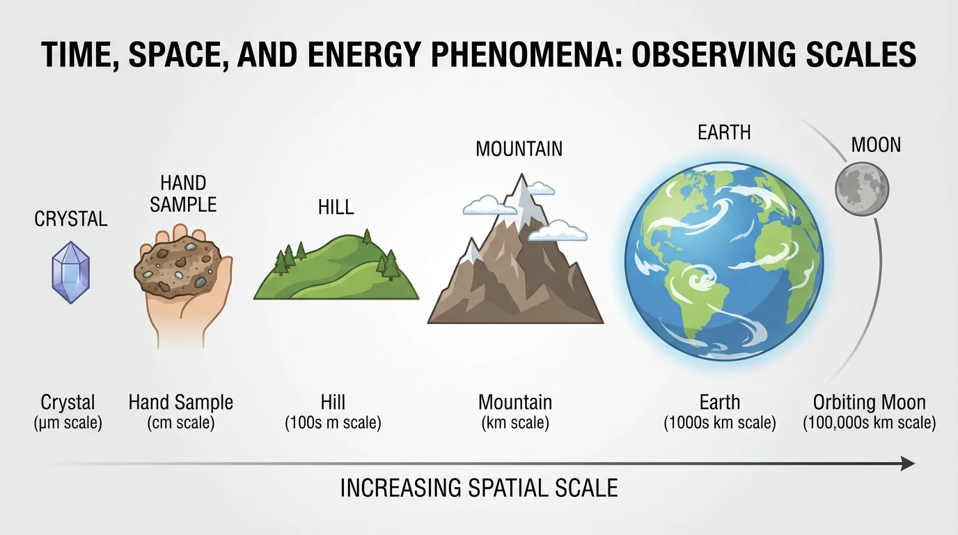size comparison diagram showing crystal, hand sample, hill, mountain, Earth, and orbiting Moon with scale labels