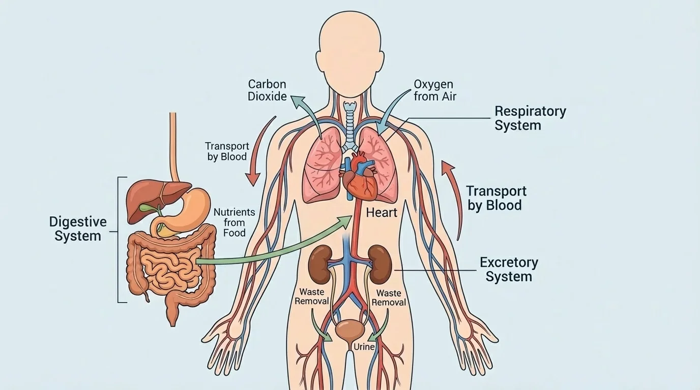 Human body diagram with digestive tract, lungs, heart, blood vessels, and kidneys, with arrows showing nutrients from food, oxygen from lungs, transport by blood, and waste removal