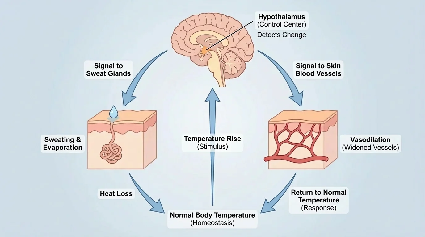 Body temperature feedback loop showing temperature rise, brain detection, sweating and widened skin blood vessels, and return to normal temperature