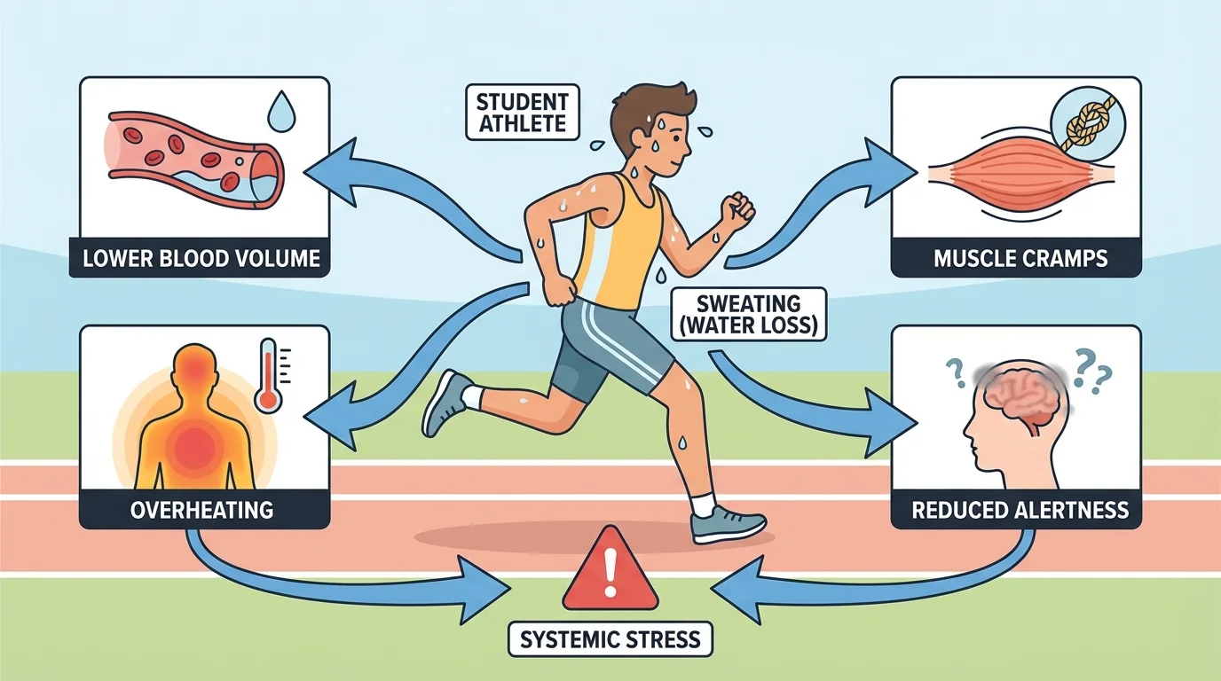 Student athlete sweating during exercise with arrows linking water loss to lower blood volume, overheating, muscle cramps, and reduced alertness