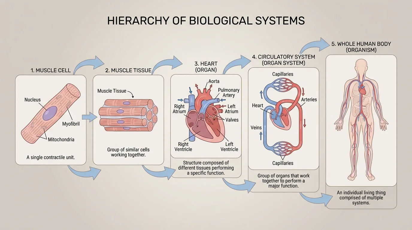 Labeled hierarchy showing a muscle cell, muscle tissue, the heart as an organ, the circulatory system as an organ system, and the whole human body in order