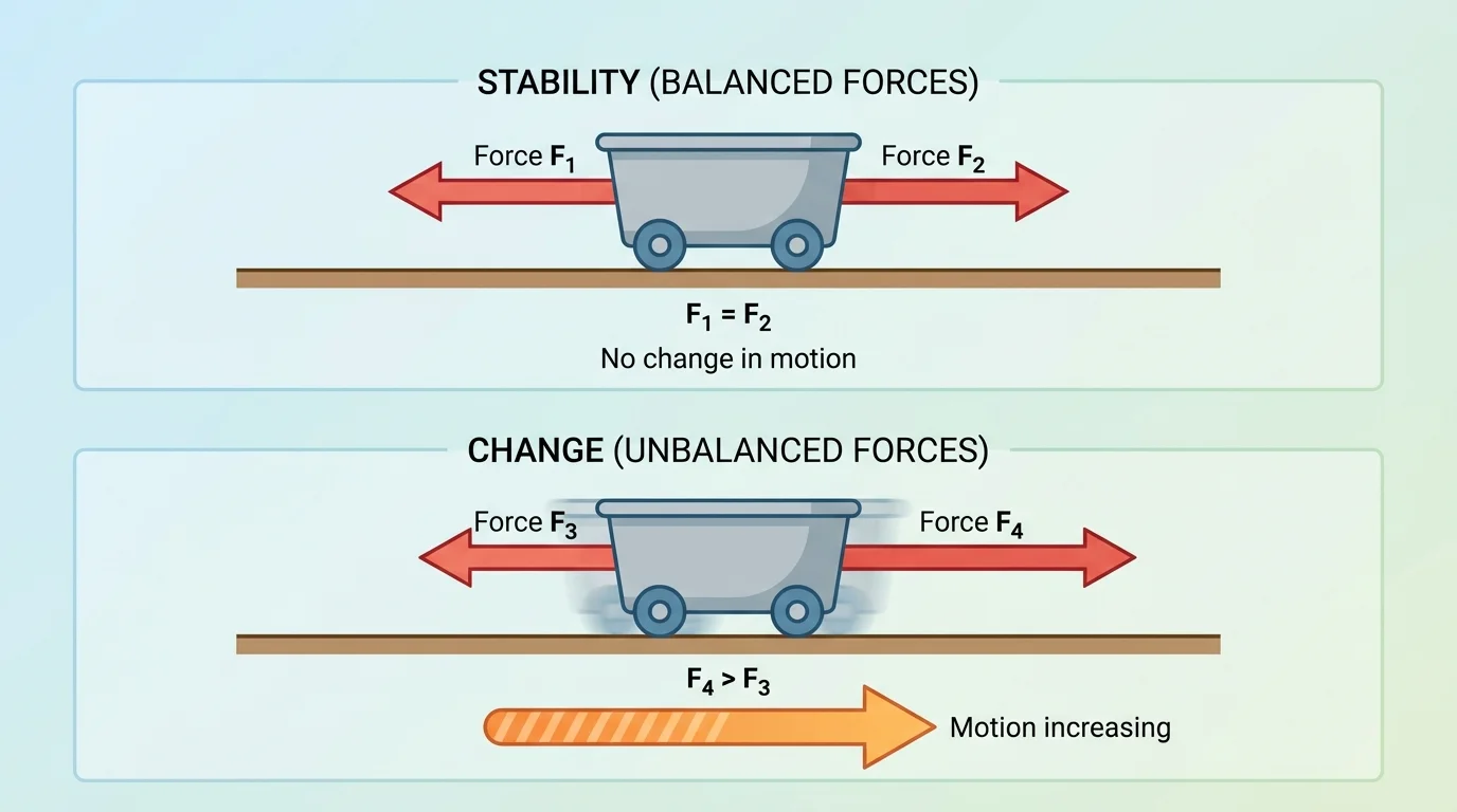Two carts on a track, one with equal opposite force arrows labeled same size and no motion change, one with a larger force arrow to the right than to the left and motion increasing to the right