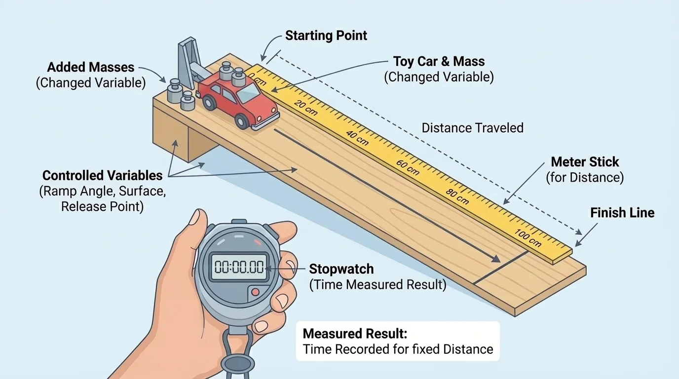 Classroom investigation setup with ramp, toy car, added masses, meter stick along track, stopwatch, and labels for controlled variables, changed variable, and measured result