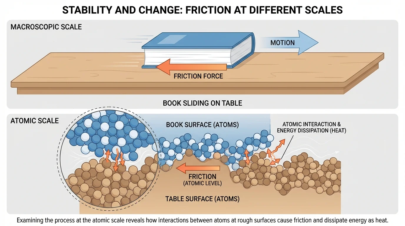 Top panel showing a book sliding across a table with friction arrow opposite motion, bottom zoomed-in panel showing rough surfaces and atoms interacting at contact points