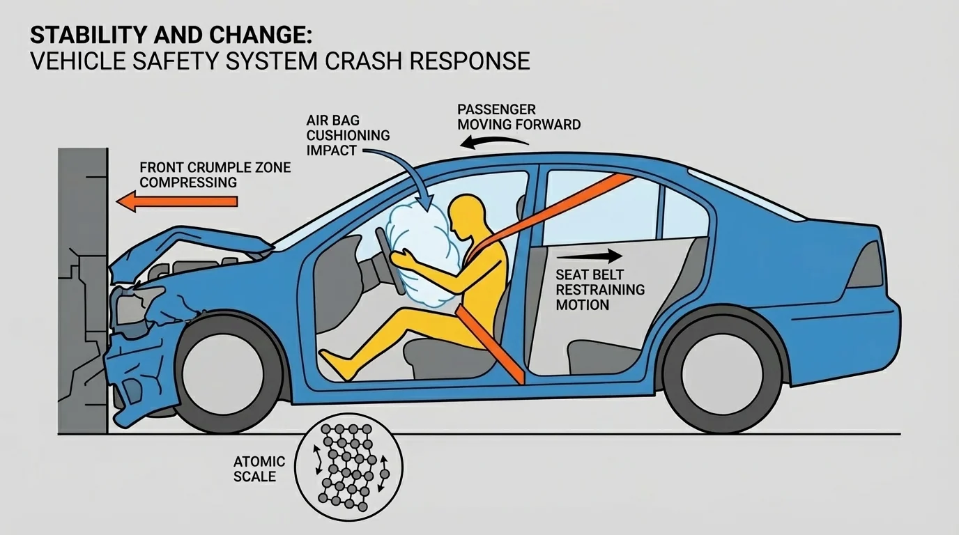 Car during a crash with labels showing passenger moving forward, seat belt restraining motion, air bag cushioning impact, and front crumple zone compressing